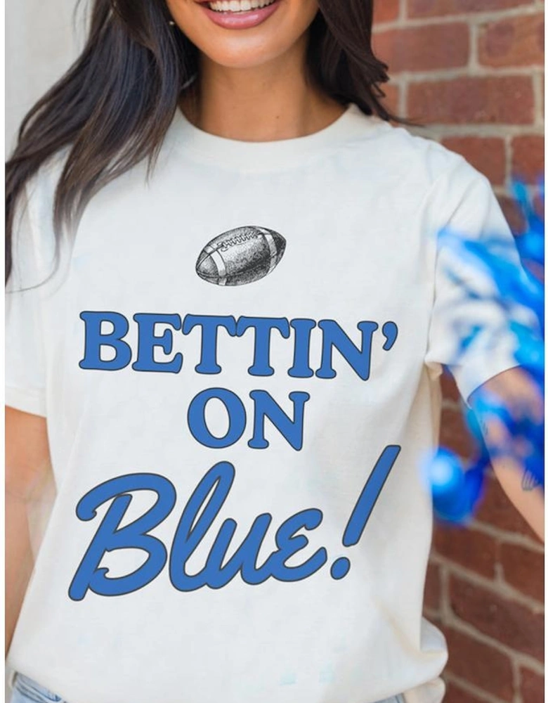White Rugby Football BETTIN ON Blue Graphic Crewneck T Shirt