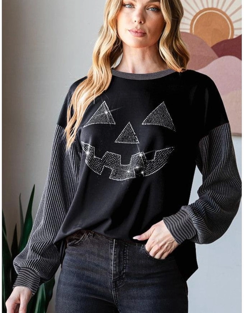 Black Halloween Rhinestone Pumpkin Face Contrast Ribbed Long Sleeve Patchwork Top