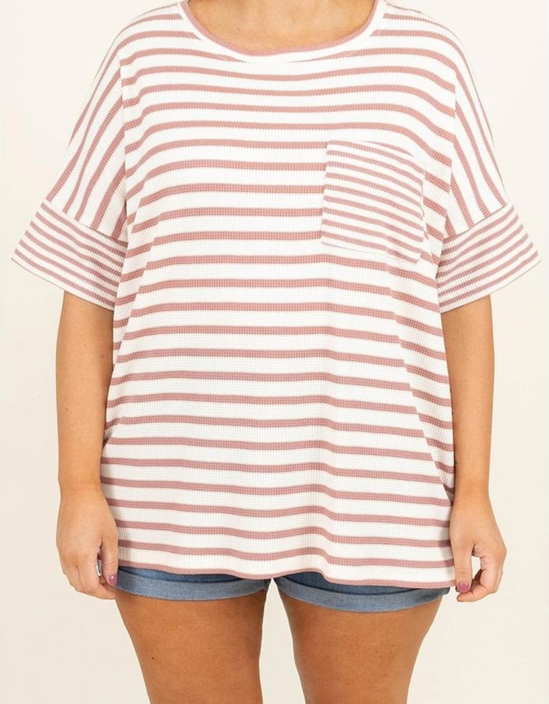 Pink Stripe Waffle Knit Pocketed Half Sleeve Plus Size T Shirt