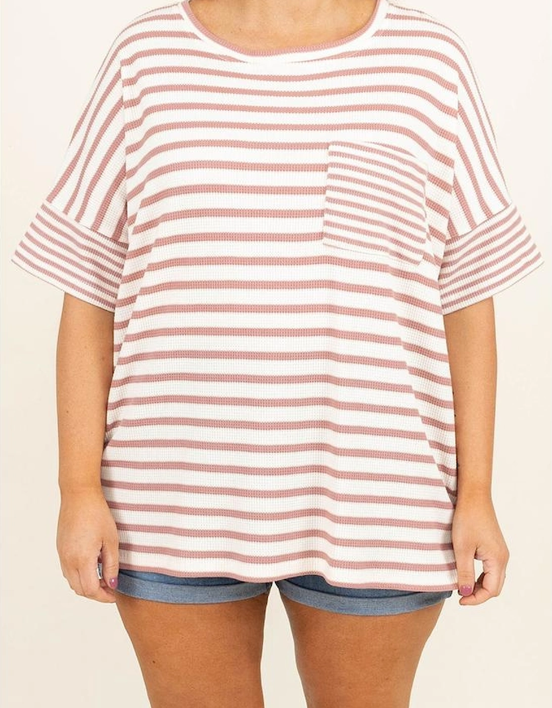 Pink Stripe Waffle Knit Pocketed Half Sleeve Plus Size T Shirt