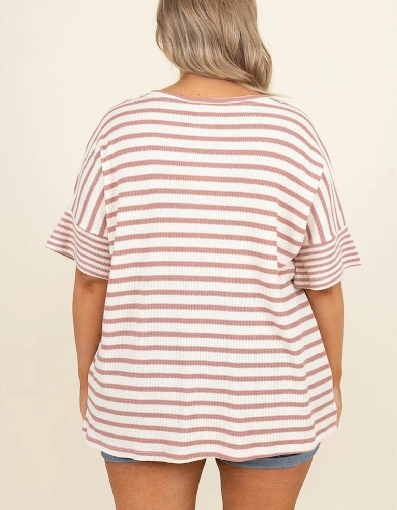 Pink Stripe Waffle Knit Pocketed Half Sleeve Plus Size T Shirt