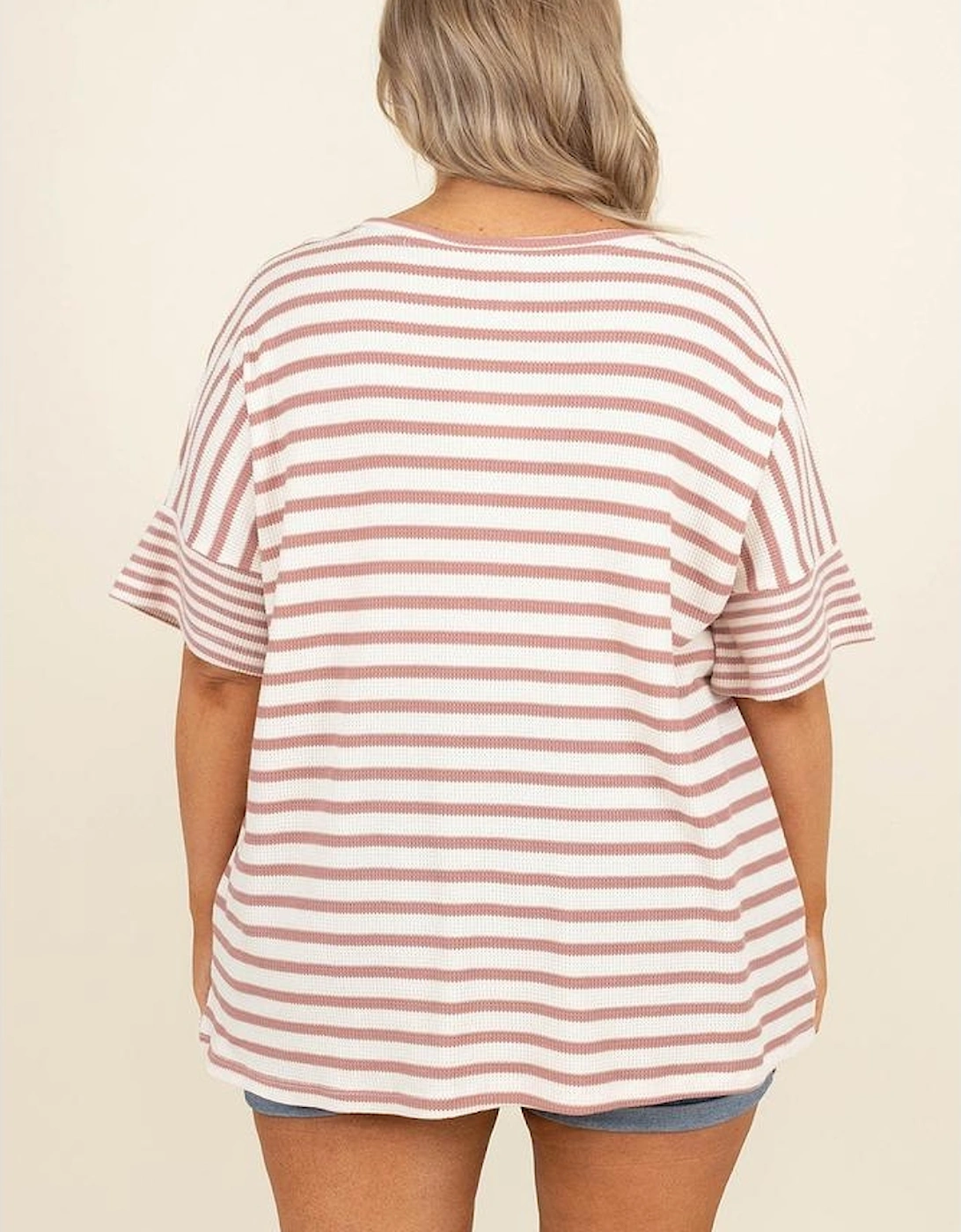 Pink Stripe Waffle Knit Pocketed Half Sleeve Plus Size T Shirt, 15 of 14
