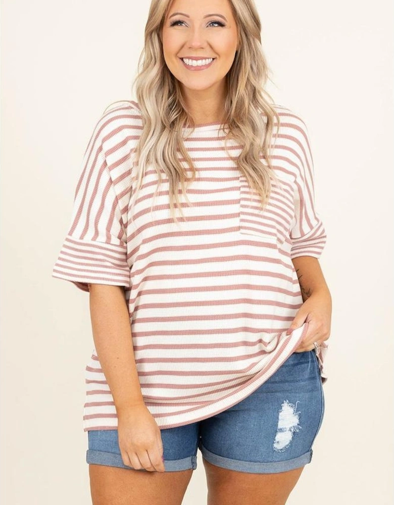 Pink Stripe Waffle Knit Pocketed Half Sleeve Plus Size T Shirt