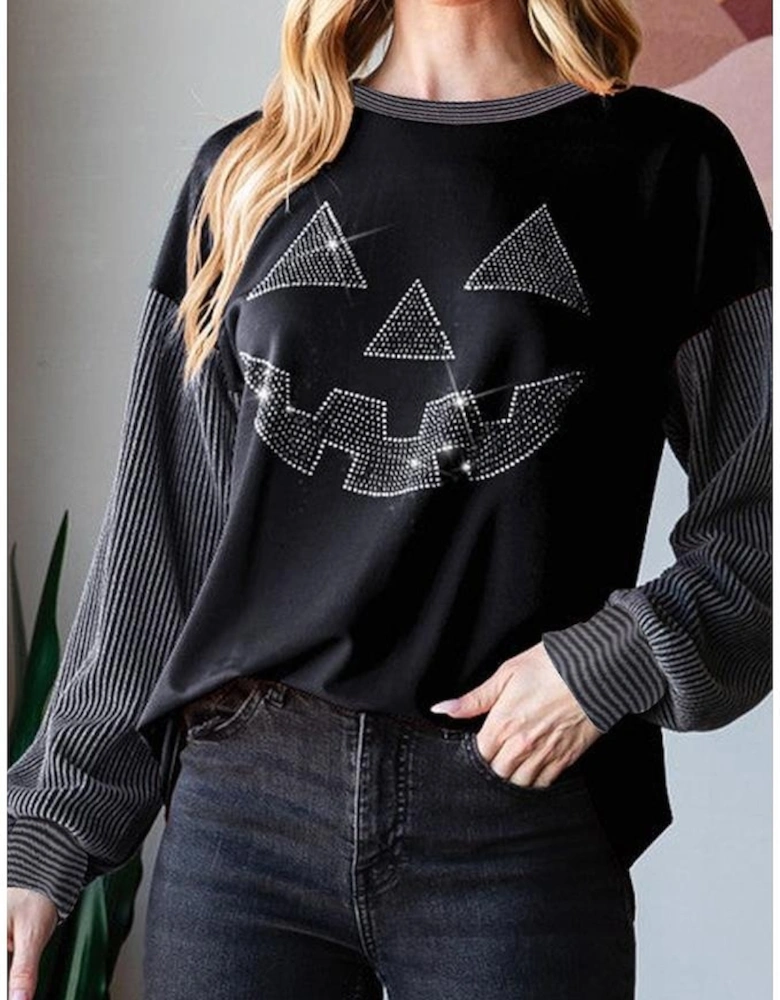 Black Halloween Rhinestone Pumpkin Face Contrast Ribbed Long Sleeve Patchwork Top