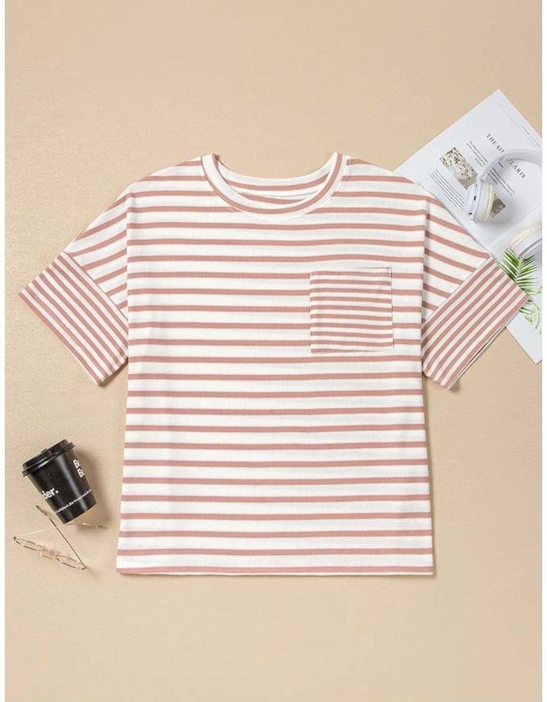 Pink Stripe Waffle Knit Pocketed Half Sleeve Plus Size T Shirt
