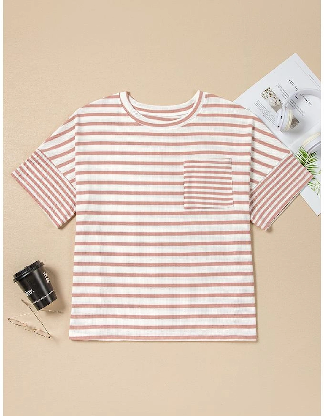 Pink Stripe Waffle Knit Pocketed Half Sleeve Plus Size T Shirt