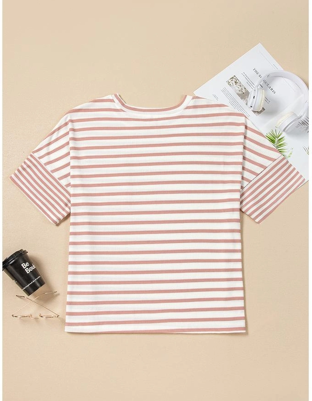 Pink Stripe Waffle Knit Pocketed Half Sleeve Plus Size T Shirt