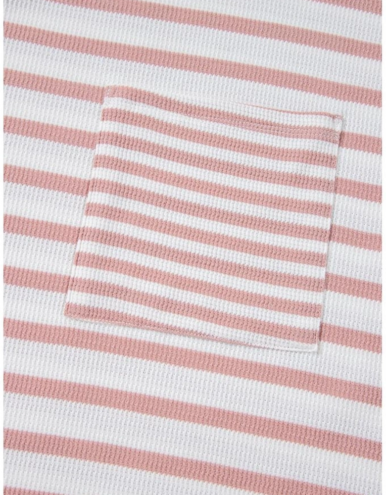 Pink Stripe Waffle Knit Pocketed Half Sleeve Plus Size T Shirt