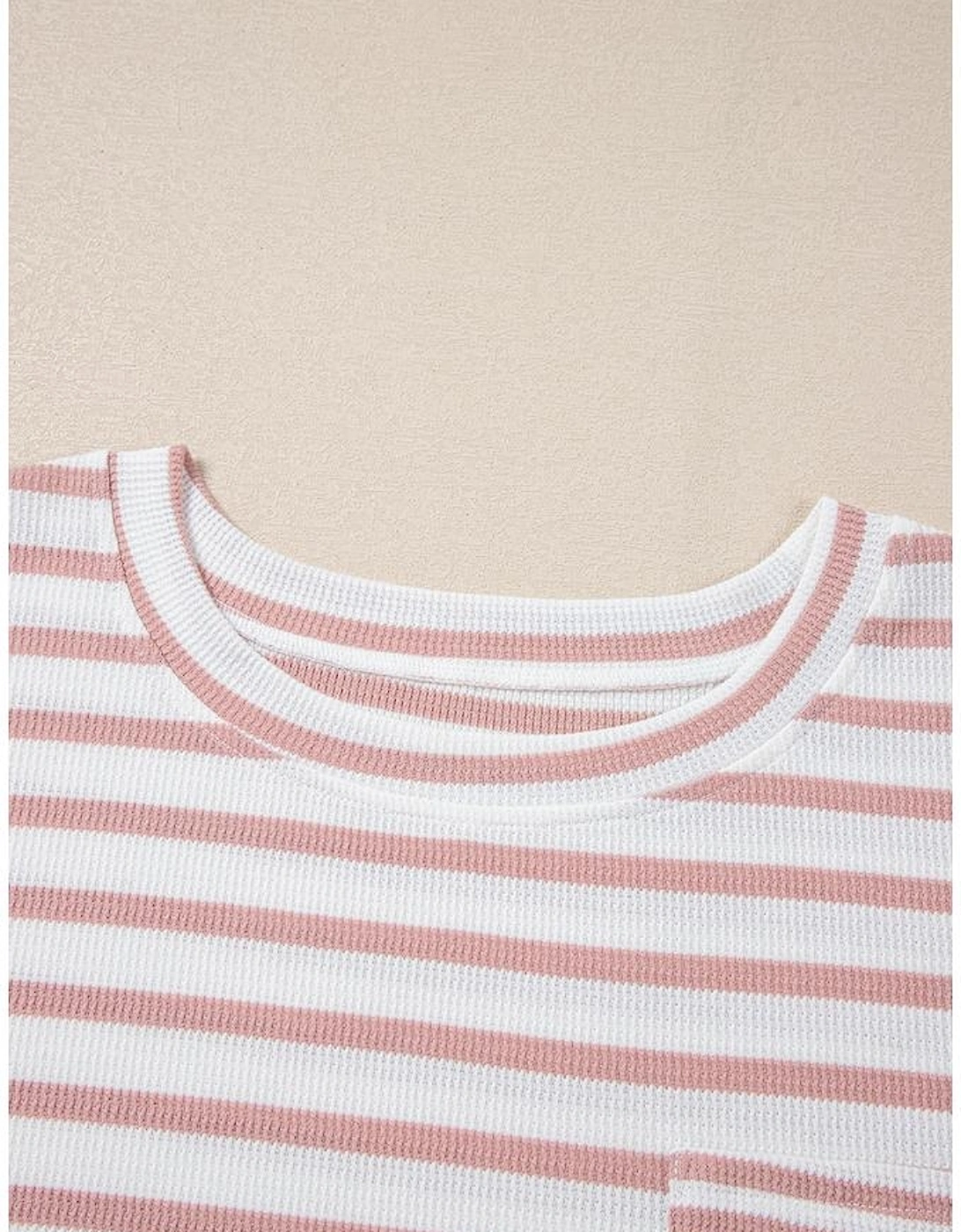 Pink Stripe Waffle Knit Pocketed Half Sleeve Plus Size T Shirt