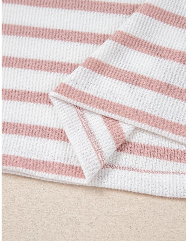 Pink Stripe Waffle Knit Pocketed Half Sleeve Plus Size T Shirt
