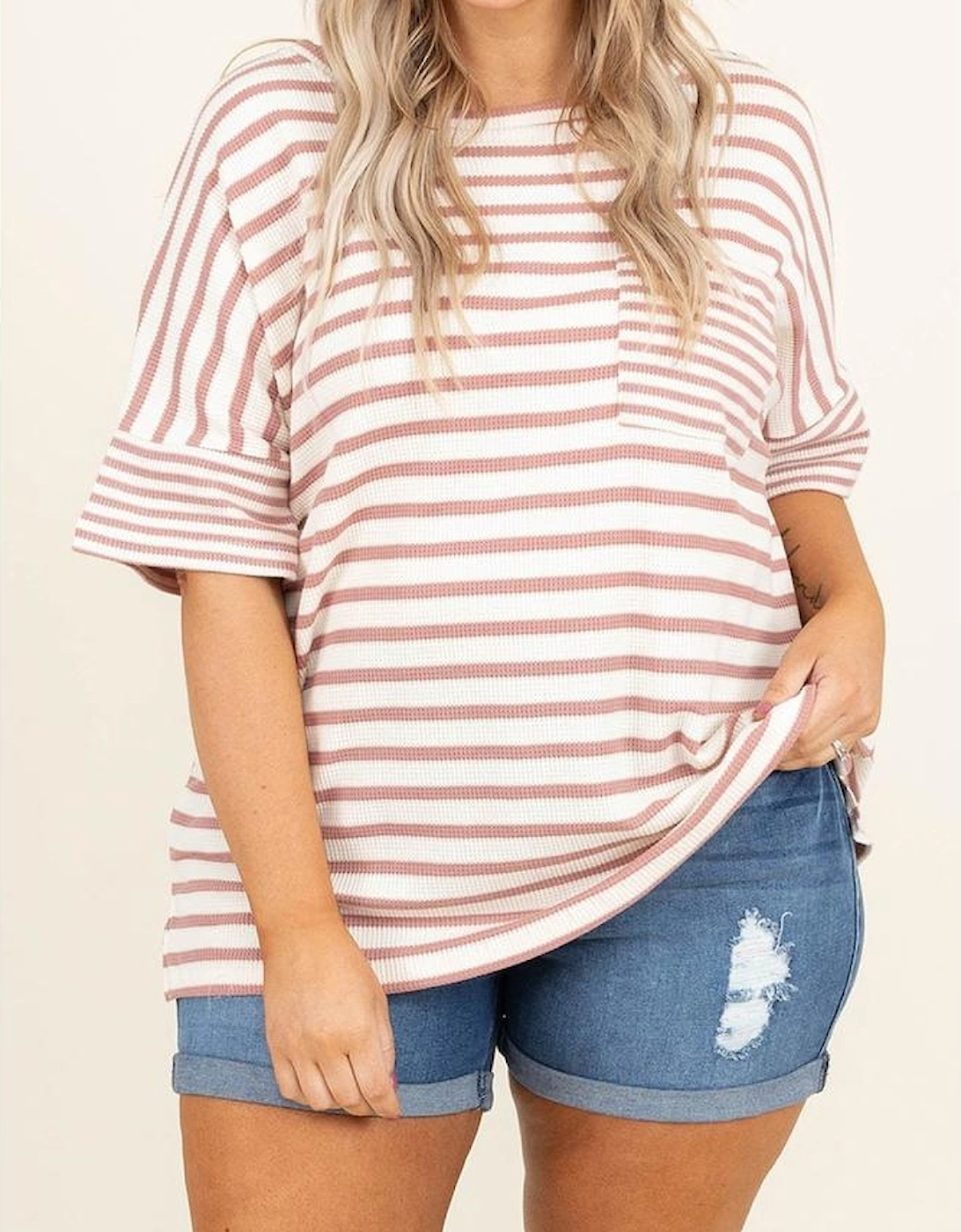Pink Stripe Waffle Knit Pocketed Half Sleeve Plus Size T Shirt