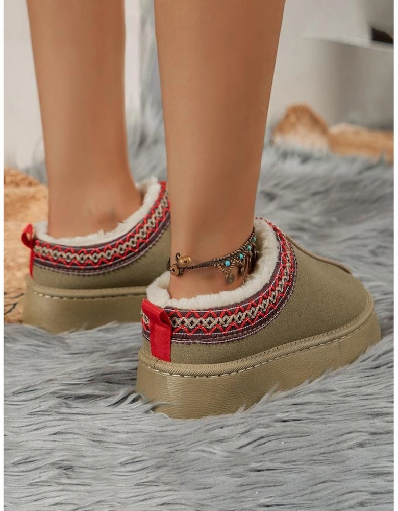 Sage Green Suede Contrast Print Round Toe Plush Lined Flats