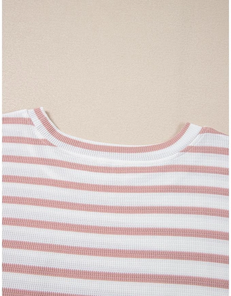 Pink Stripe Waffle Knit Pocketed Half Sleeve Plus Size T Shirt