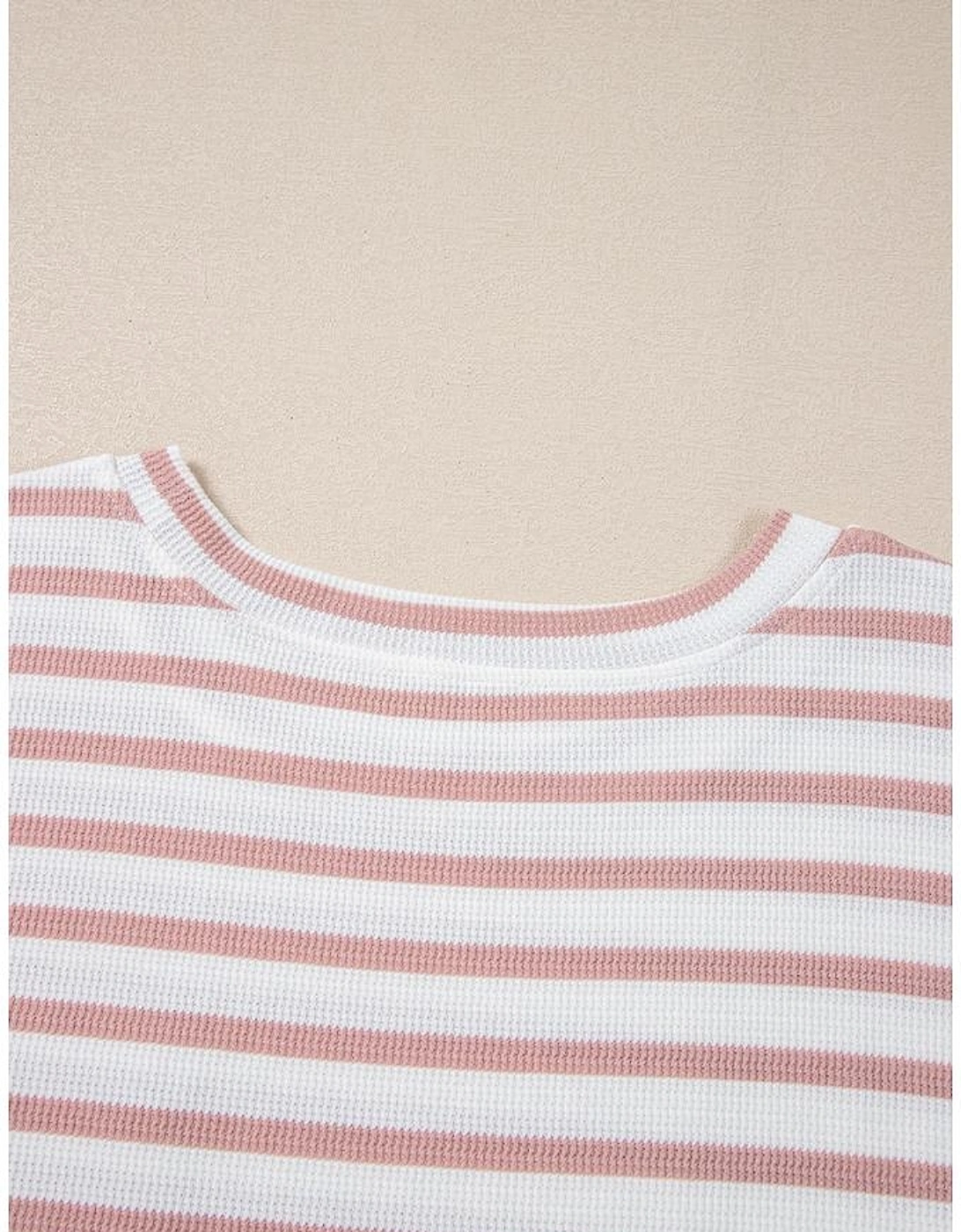 Pink Stripe Waffle Knit Pocketed Half Sleeve Plus Size T Shirt