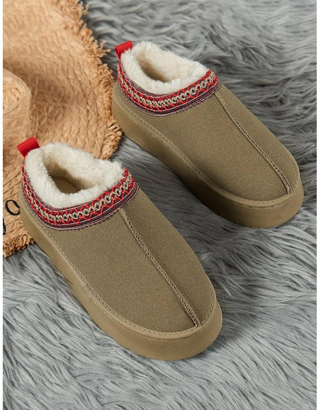 Sage Green Suede Contrast Print Round Toe Plush Lined Flats