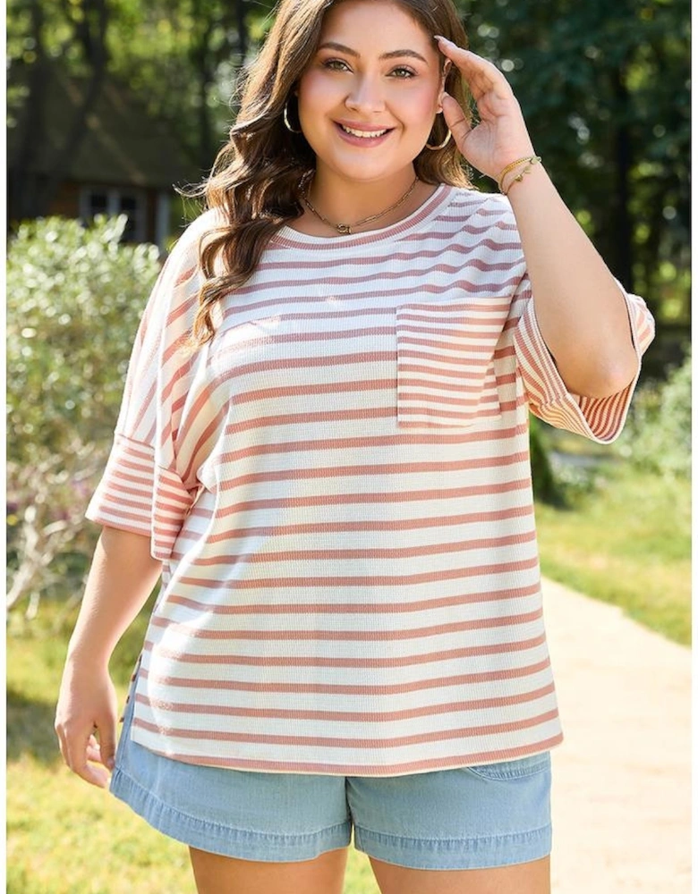 Pink Stripe Waffle Knit Pocketed Half Sleeve Plus Size T Shirt