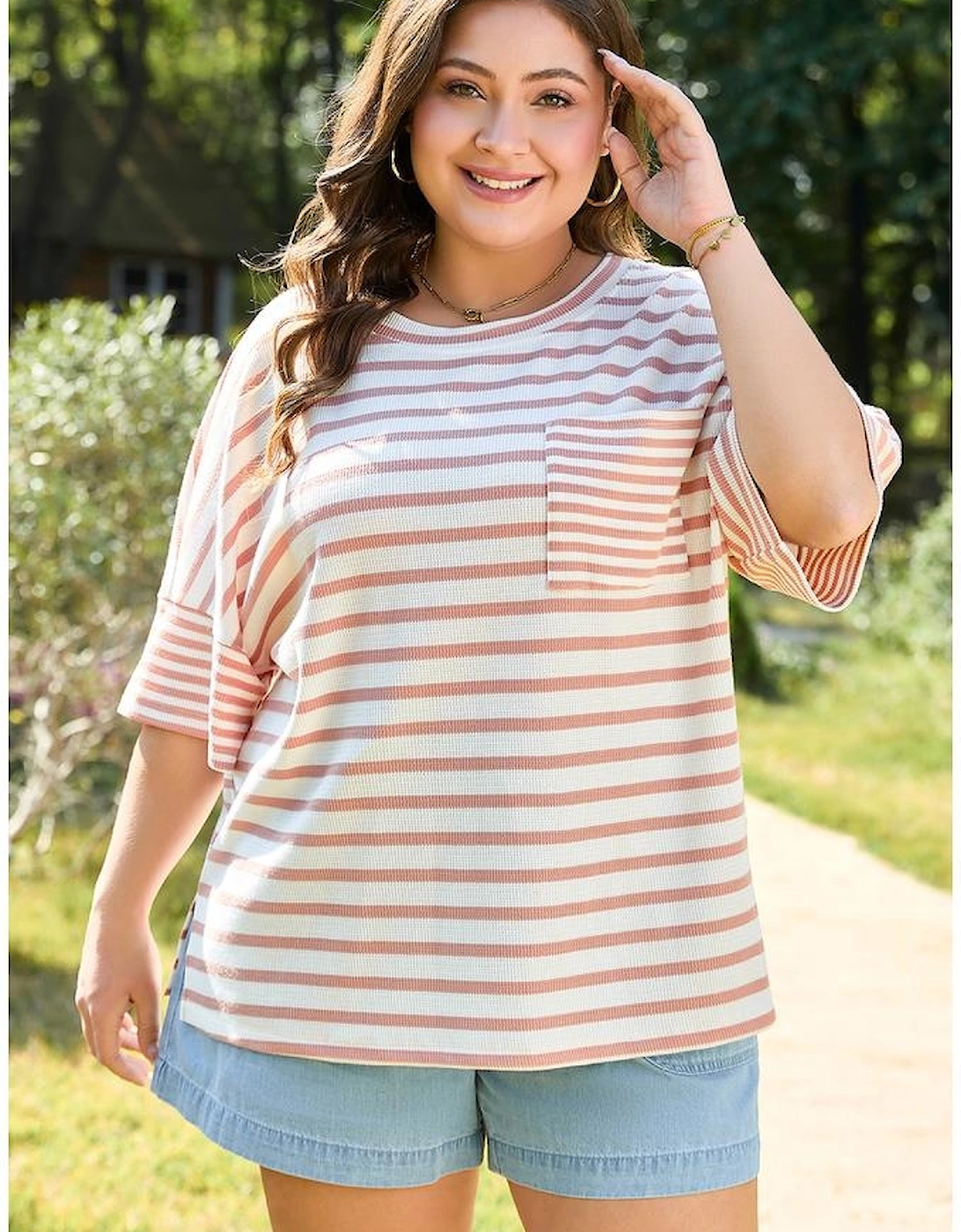 Pink Stripe Waffle Knit Pocketed Half Sleeve Plus Size T Shirt