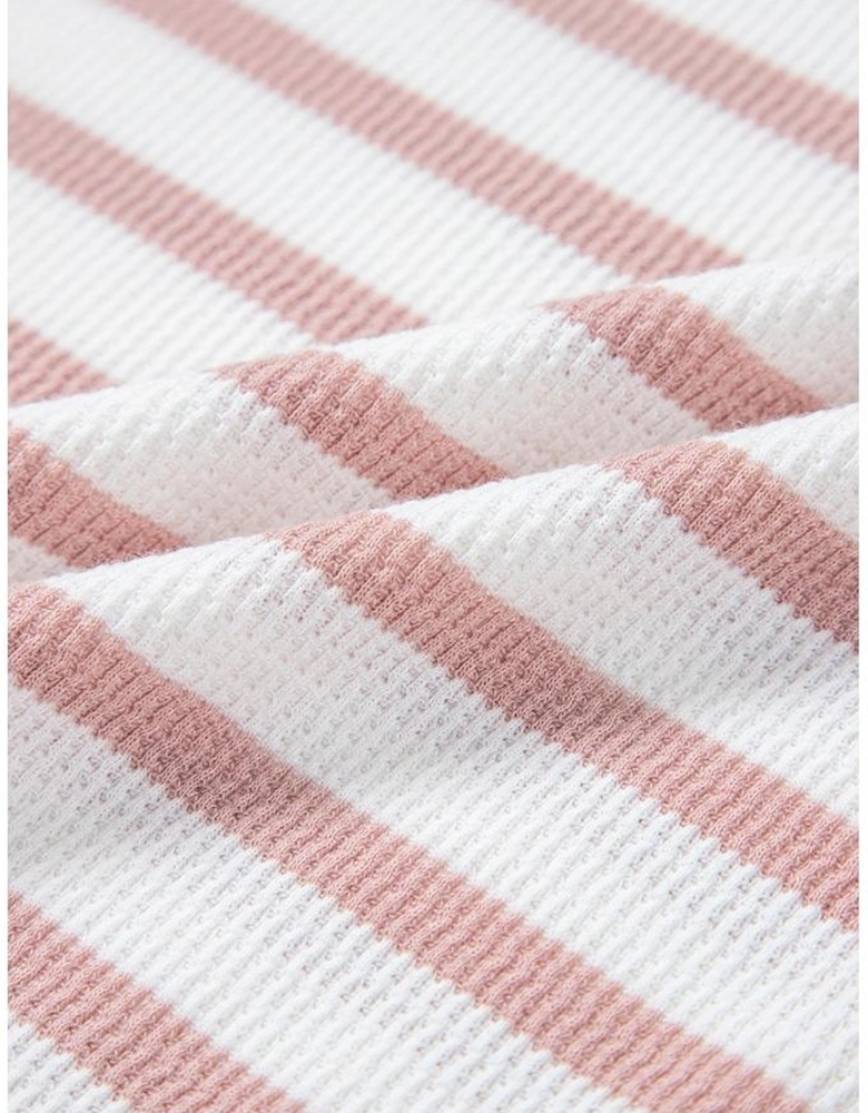 Pink Stripe Waffle Knit Pocketed Half Sleeve Plus Size T Shirt