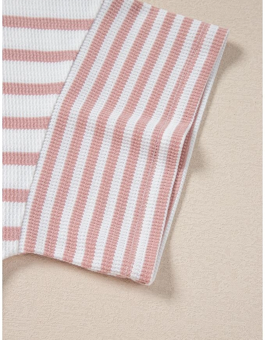 Pink Stripe Waffle Knit Pocketed Half Sleeve Plus Size T Shirt