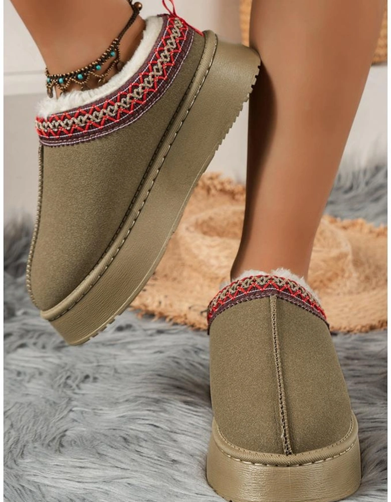 Sage Green Suede Contrast Print Round Toe Plush Lined Flats