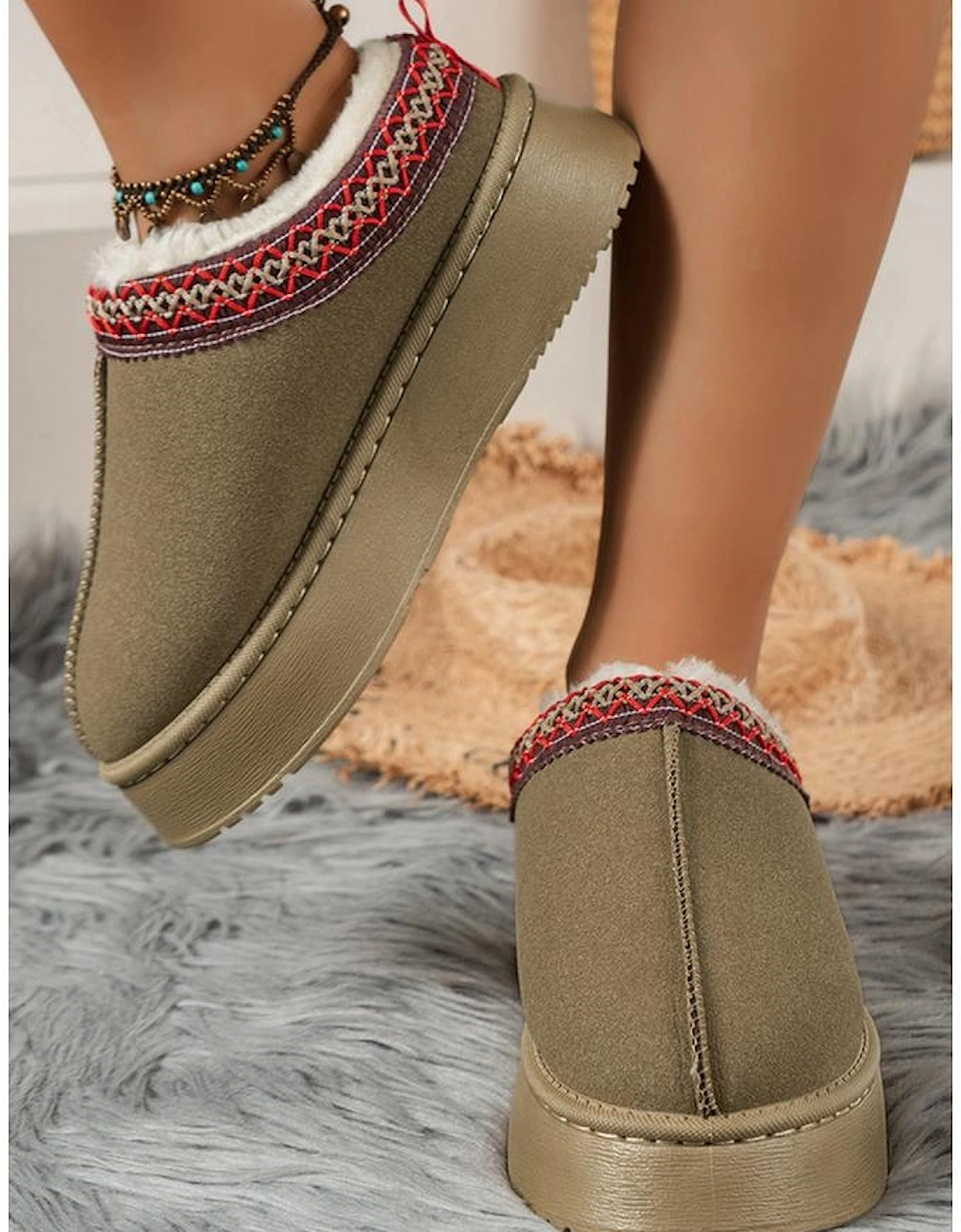 Sage Green Suede Contrast Print Round Toe Plush Lined Flats