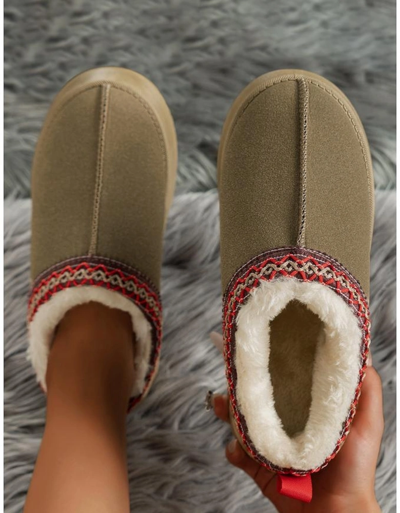 Sage Green Suede Contrast Print Round Toe Plush Lined Flats