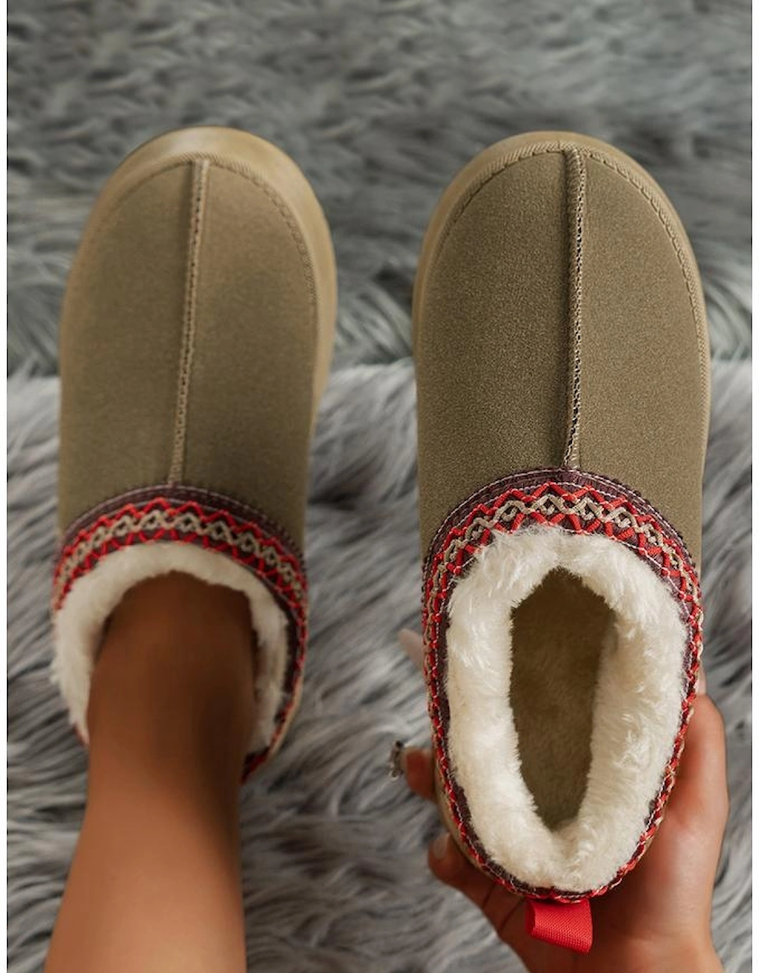 Sage Green Suede Contrast Print Round Toe Plush Lined Flats