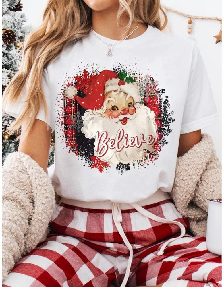 White Believe Christmas Father Graphic Crewneck T Shirt