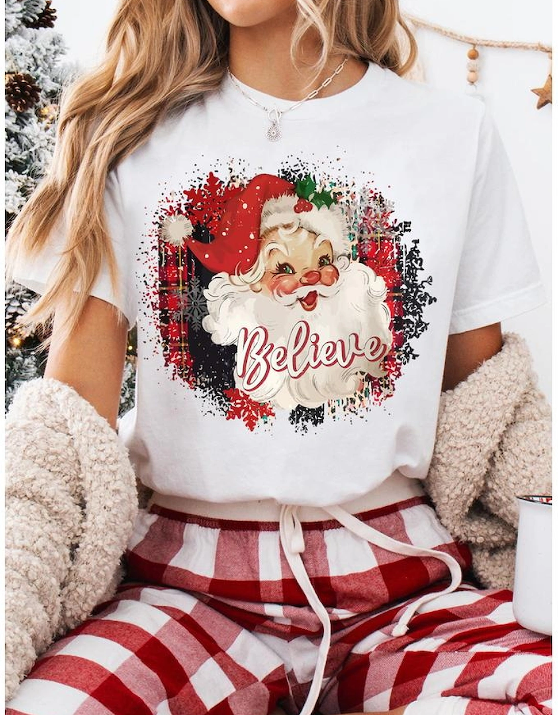 White Believe Christmas Father Graphic Crewneck T Shirt