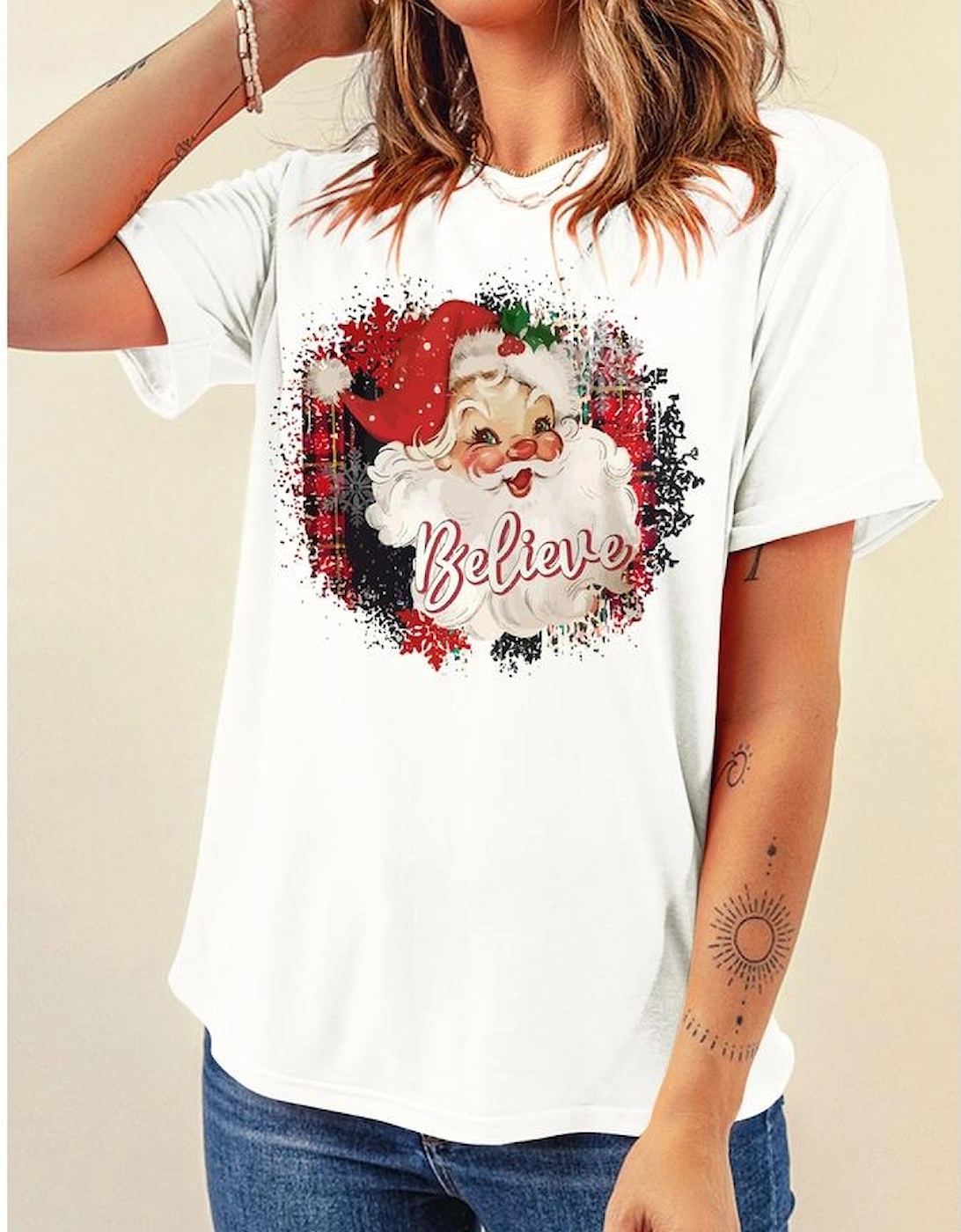 White Believe Christmas Father Graphic Crewneck T Shirt