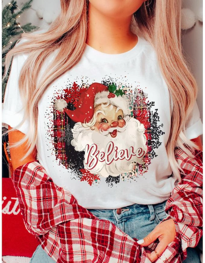 White Believe Christmas Father Graphic Crewneck T Shirt