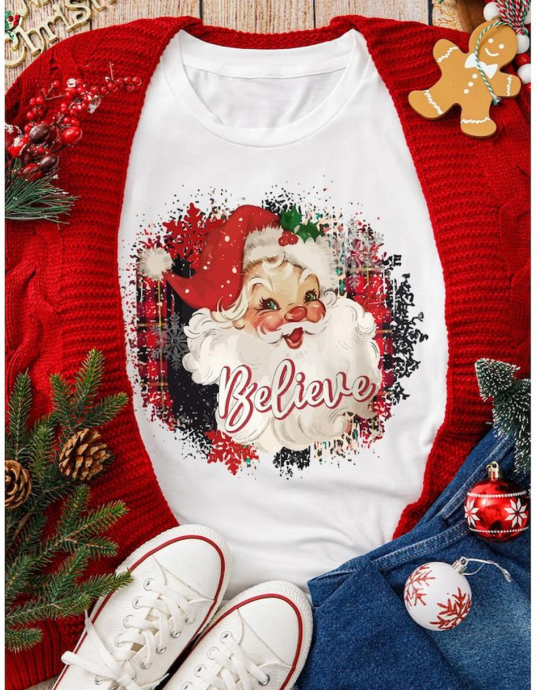 White Believe Christmas Father Graphic Crewneck T Shirt