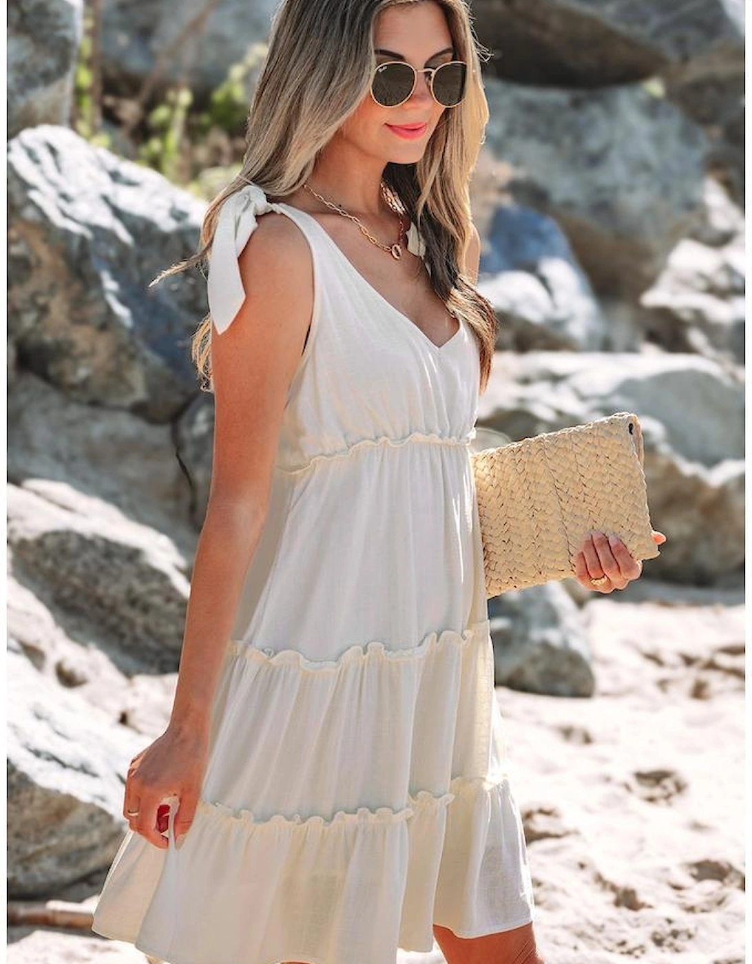 Oatmeal Solid Color Tied Straps Ruffle Tiered Mini Dress