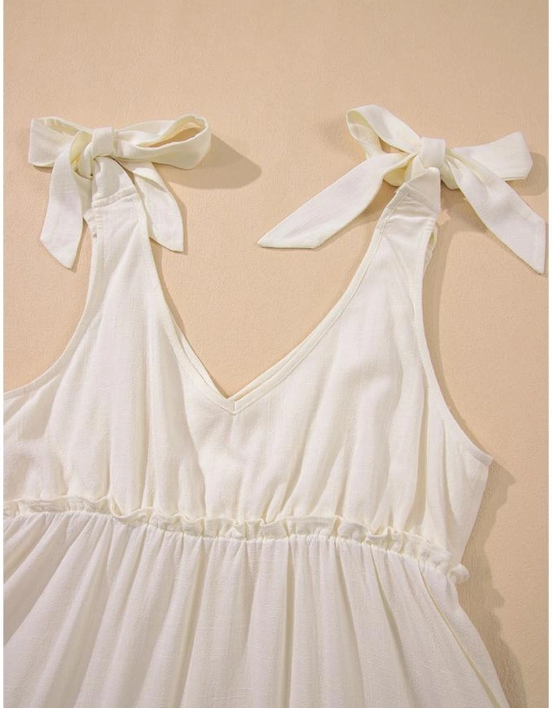 Oatmeal Solid Color Tied Straps Ruffle Tiered Mini Dress