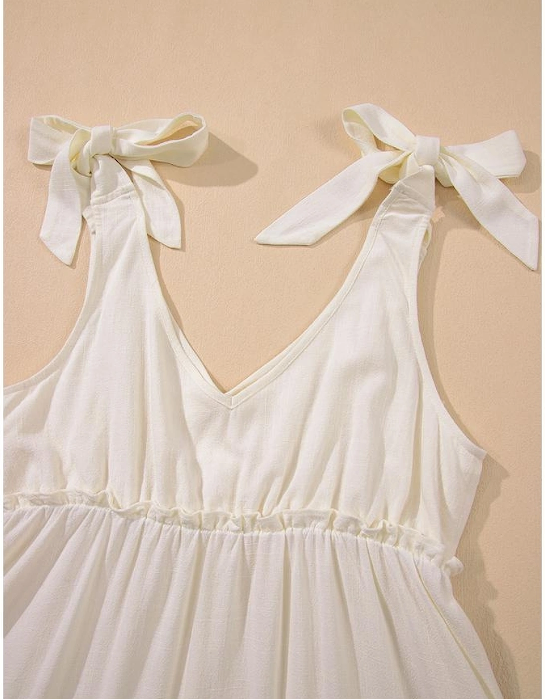 Oatmeal Solid Color Tied Straps Ruffle Tiered Mini Dress