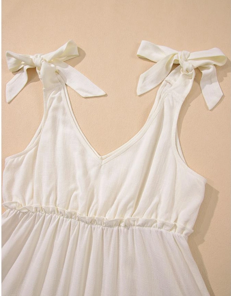 Oatmeal Solid Color Tied Straps Ruffle Tiered Mini Dress