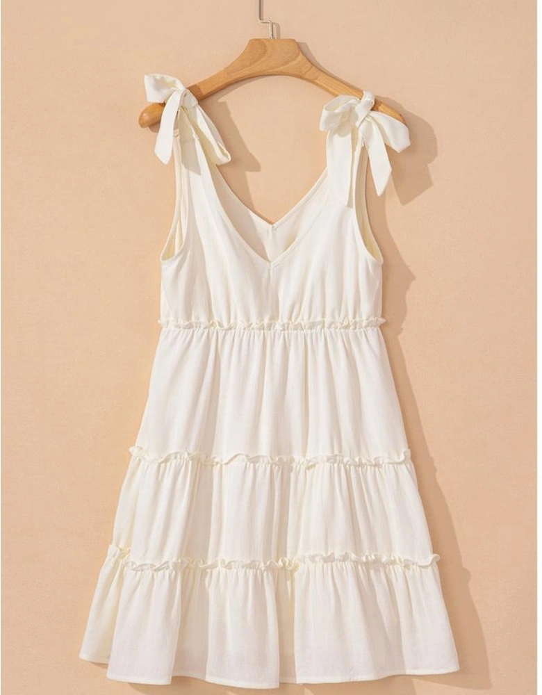 Oatmeal Solid Color Tied Straps Ruffle Tiered Mini Dress