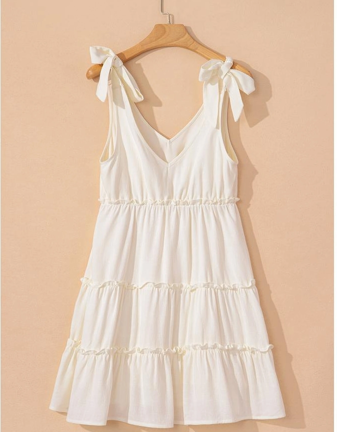 Oatmeal Solid Color Tied Straps Ruffle Tiered Mini Dress