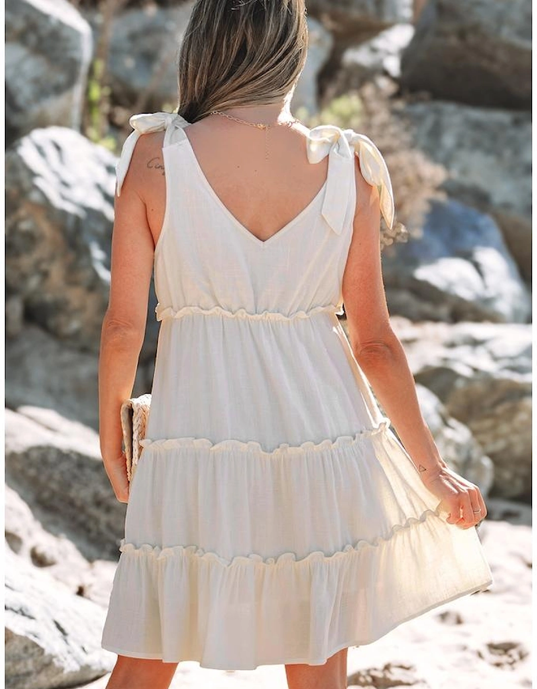 Oatmeal Solid Color Tied Straps Ruffle Tiered Mini Dress, 16 of 15