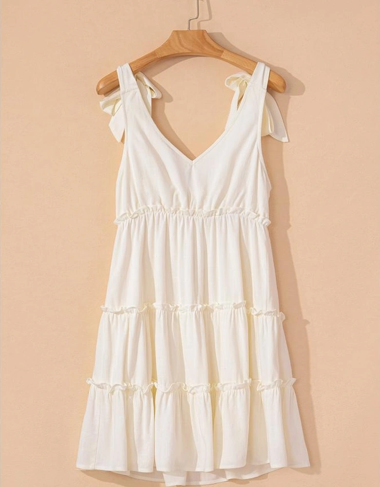 Oatmeal Solid Color Tied Straps Ruffle Tiered Mini Dress