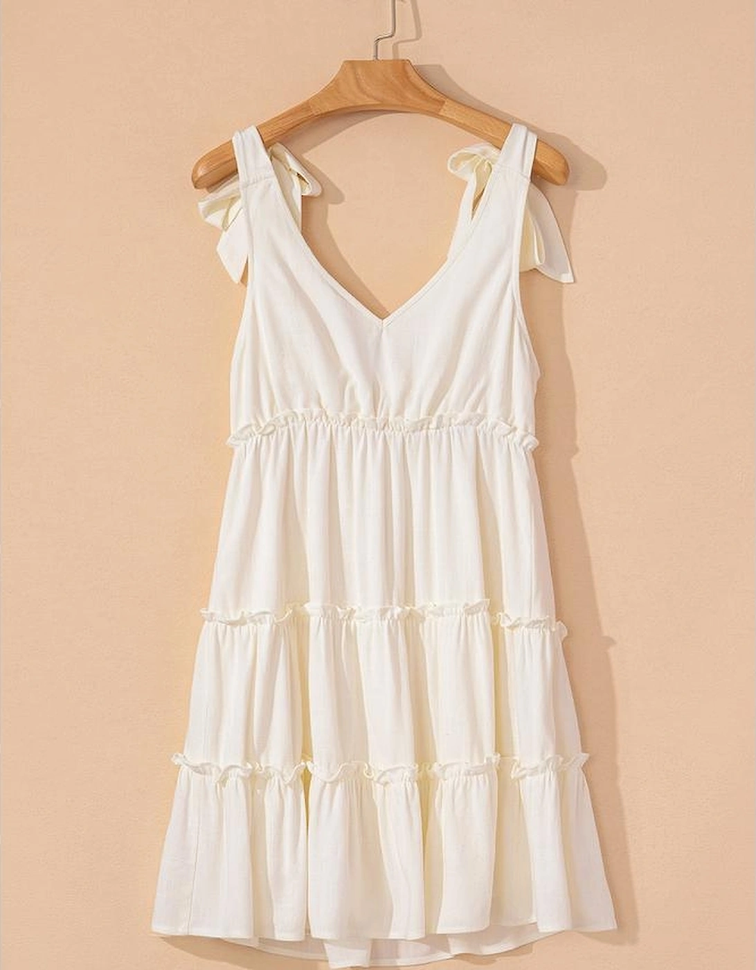 Oatmeal Solid Color Tied Straps Ruffle Tiered Mini Dress
