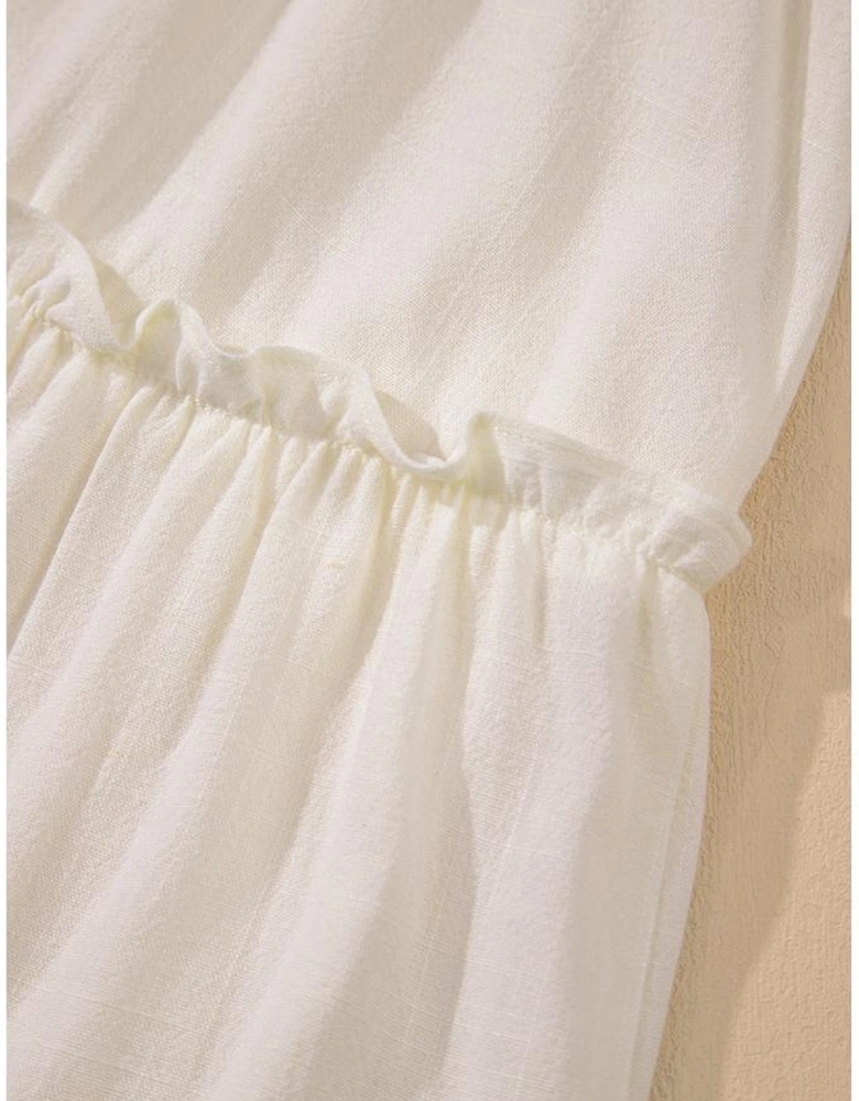 Oatmeal Solid Color Tied Straps Ruffle Tiered Mini Dress