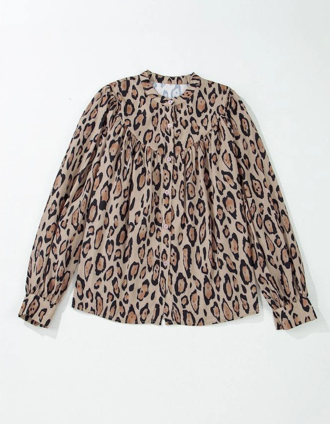 Light French Beige Oversized Leopard Print Balloon Sleeve Casual Shirt