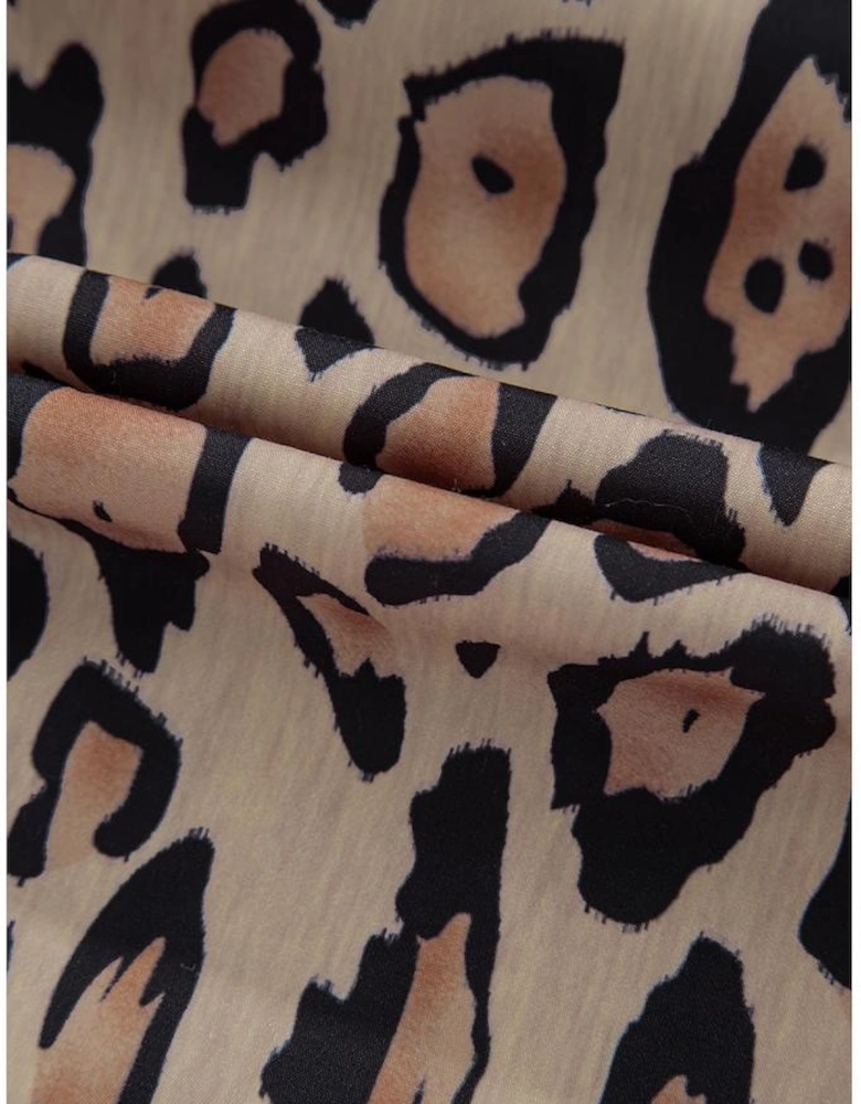 Light French Beige Oversized Leopard Print Balloon Sleeve Casual Shirt