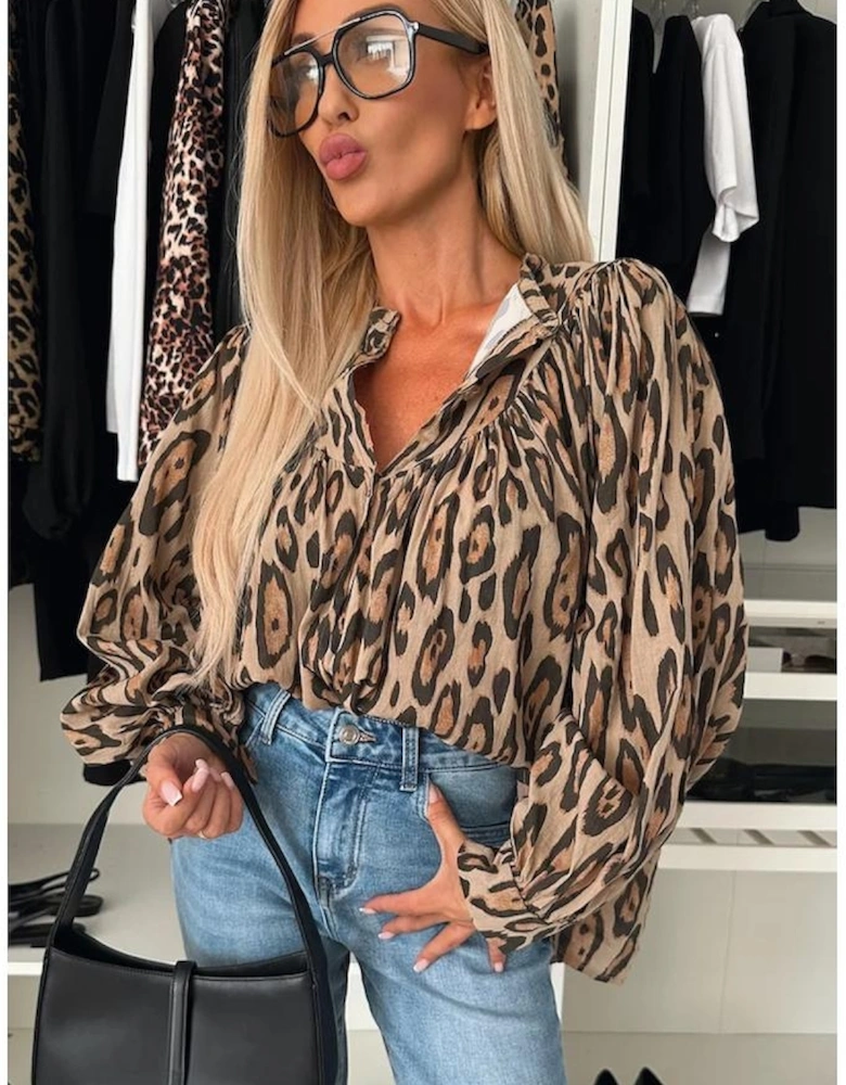 Light French Beige Oversized Leopard Print Balloon Sleeve Casual Shirt