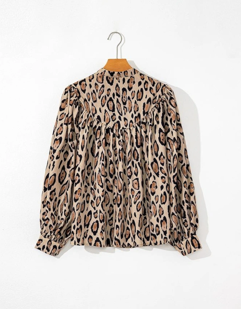 Light French Beige Oversized Leopard Print Balloon Sleeve Casual Shirt