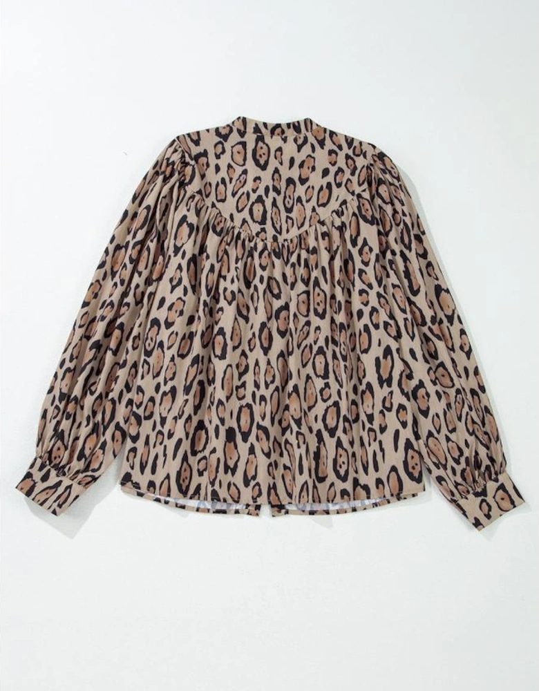 Light French Beige Oversized Leopard Print Balloon Sleeve Casual Shirt