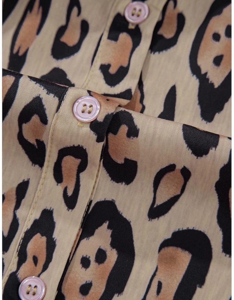 Light French Beige Oversized Leopard Print Balloon Sleeve Casual Shirt
