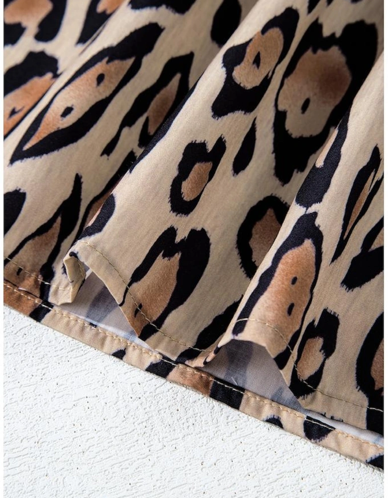 Light French Beige Oversized Leopard Print Balloon Sleeve Casual Shirt