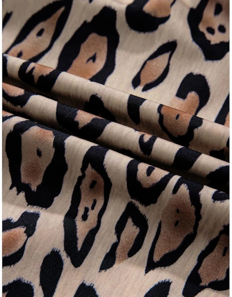 Light French Beige Oversized Leopard Print Balloon Sleeve Casual Shirt